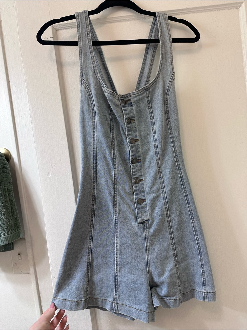 🪺Hudson gray🌾 Light Blue Denim One-Piece Romper with Front Buttons